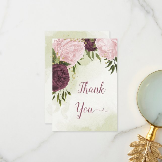 Carte De Remerciements cabernet rose fleurs vert feuille mariage (Devant/Arrière en situation)