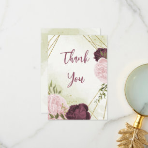 Carte De Remerciements cabernet rose fleurs vert feuille mariage