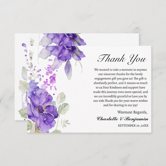 Carte De Remerciements Cadeau de fiançailles floral pourpre à l'aquarelle (Devant / Derrière)