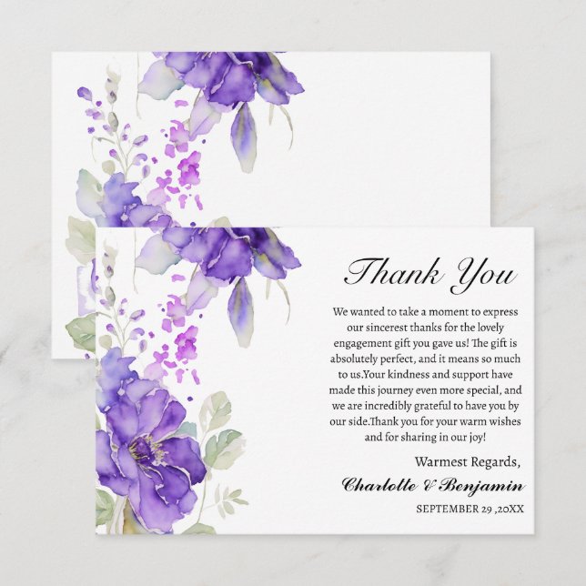 Carte De Remerciements Cadeau de fiançailles floral pourtre violet (Devant / Derrière)