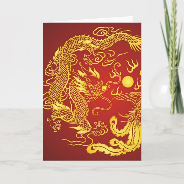 Carte De Remerciements Cadeau de mariage chinois Dragon Phoenix Rouge Or (Devant)