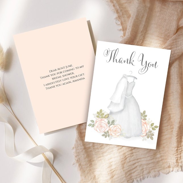 Carte De Remerciements Cadeau de Mariage Remerciement Robe de Mariée (Bridal shower thank you card with elegant white wedding dress. )