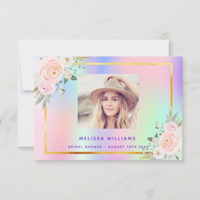 Carte De Remerciements Cadeau de mariage rose violet photo floral hologra (Dos)