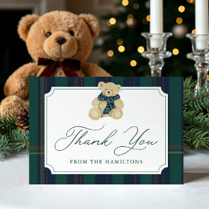 Carte De Remerciements Cadeau de naissance Ourson à carreaux Vert et Nuit