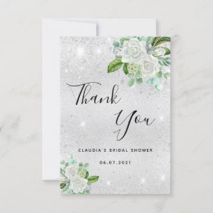 Carte De Remerciements Cadeaux de mariage paillettes argent fleurs blanch
