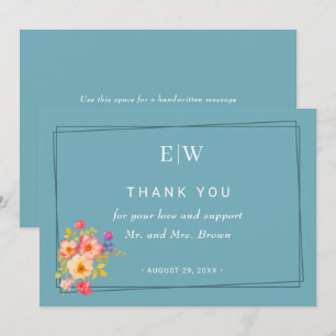 Carte De Remerciements Cadre avec Rose, style Mariage sur bleu rétro