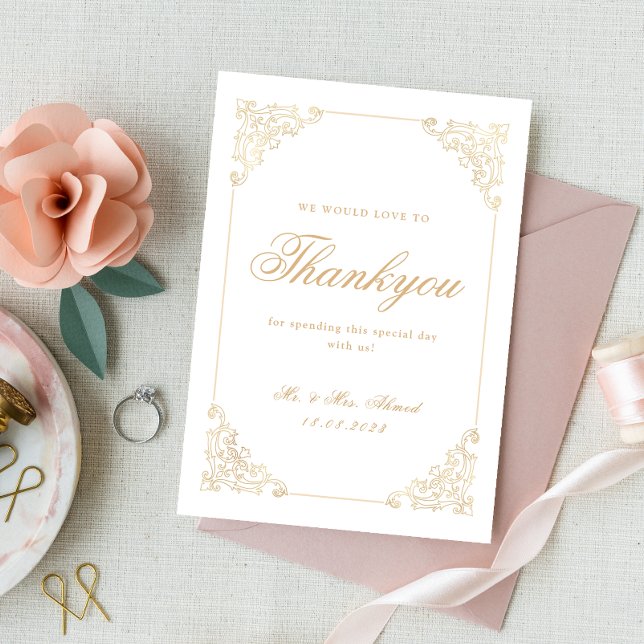 Carte De Remerciements Cadre Baroque Vintage Or Gold Mariage Script Roman (Créateur téléchargé)