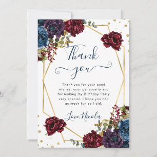 Carte De Remerciements Cadre de fleurs rouges et bleues pour anniversaire