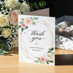 Carte De Remerciements Cadre d'or géométrique moderne Blush rose floral