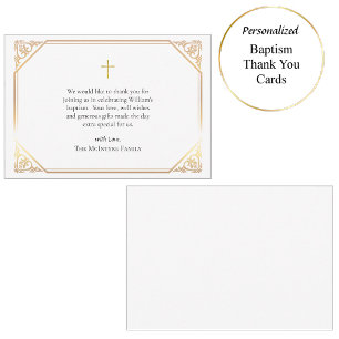 Carte De Remerciements Cadre doré délicat Roses roses Baptême catholique 