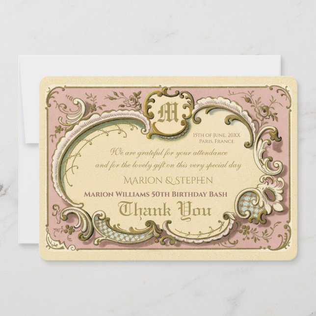Carte De Remerciements Cadre élégant Rococo à l'ancienne couleur rose or (Devant)