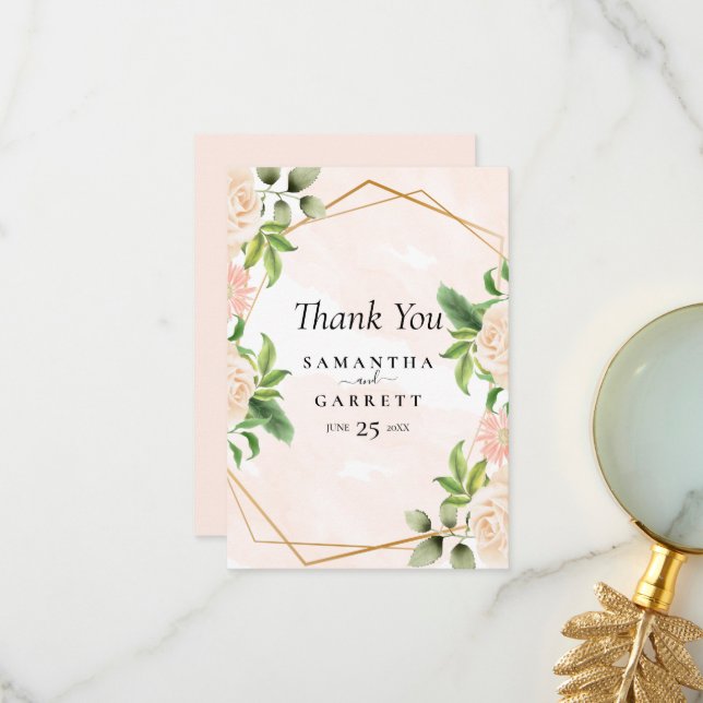 Carte De Remerciements Cadre En Or Et Rose (Devant/Arrière en situation)