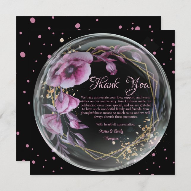 Carte De Remerciements Cadre floral violet et noir pour mariage et annive (Devant / Derrière)