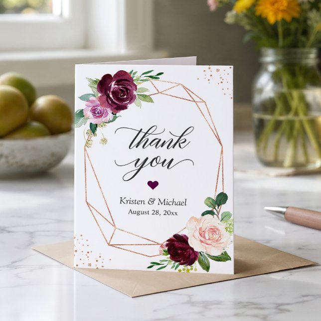 Carte De Remerciements Cadre géométrique moderne floral pourpre prune or (Créateur téléchargé)