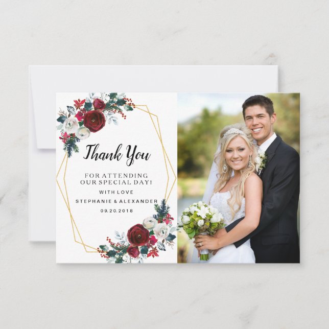 Carte De Remerciements Cadre géométrique Or Bourgogne Fleurs d'hiver (Devant)