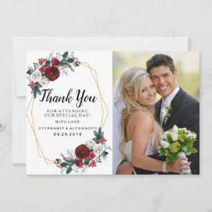 Carte De Remerciements Cadre géométrique Or Bourgogne Fleurs d'hiver