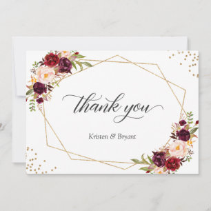Carte De Remerciements Cadre géométrique Or Bourgogne Rouge Floral Mariag