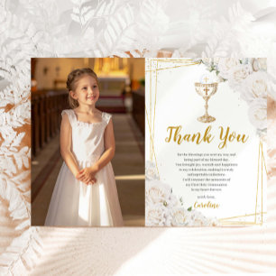Carte De Remerciements Calice de première communion photo florale blanche