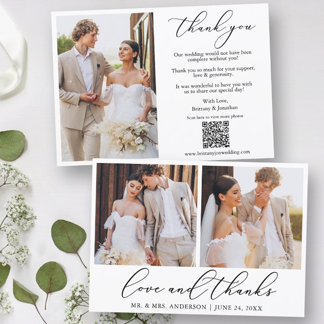 Carte De Remerciements Calligraphie 3 Photo Love Thanks QR Code Mariage (Customize to change your personalized text style, size or color.)