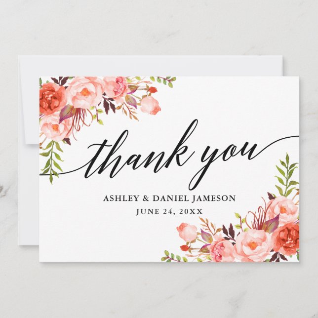 Carte De Remerciements Calligraphie Aquarelle Coral Floral Mariage (Devant)