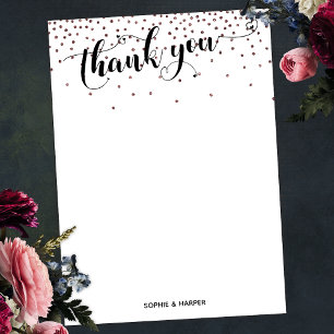 Carte De Remerciements Calligraphie avec Coeurs et Rose Gold Confetti