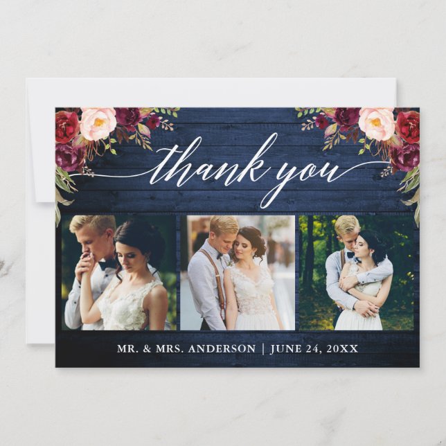 Carte De Remerciements Calligraphie Bourgogne Mariage Floral Bois Bleu (Devant)