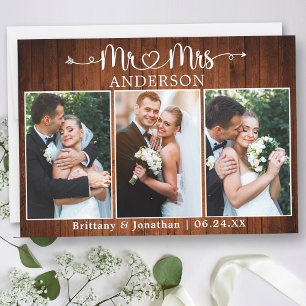 Carte De Remerciements Calligraphie Coeur M. Mme 3 Photo Mariage Bois