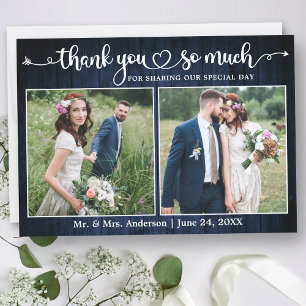 Carte De Remerciements Calligraphie Coeur Script Bleu Bois 2 Mariage phot