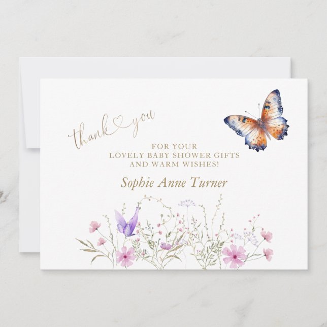 Carte De Remerciements Calligraphie de Baby shower Fleur sauvage papillon (Devant)