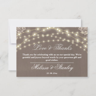 Carte De Remerciements Calligraphie de lumière en dentelle rustique Amour