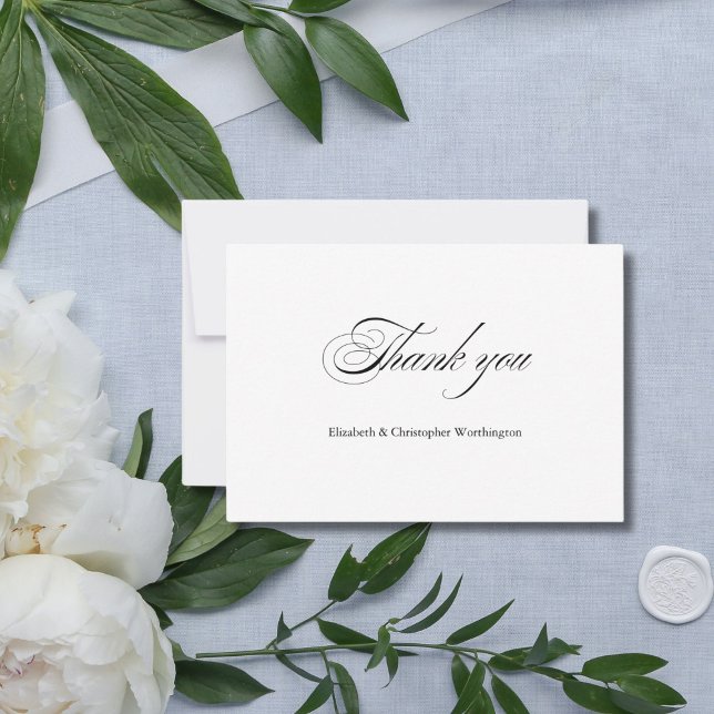 Carte De Remerciements Calligraphie de script minimal élégant Mariage cla (Black White Minimalist Calligraphy Wedding thank you card. Personalize with your names)