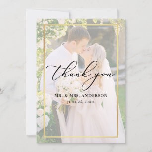 Carte De Remerciements Calligraphie délicate Mariage 2 Photo Gold Overlay