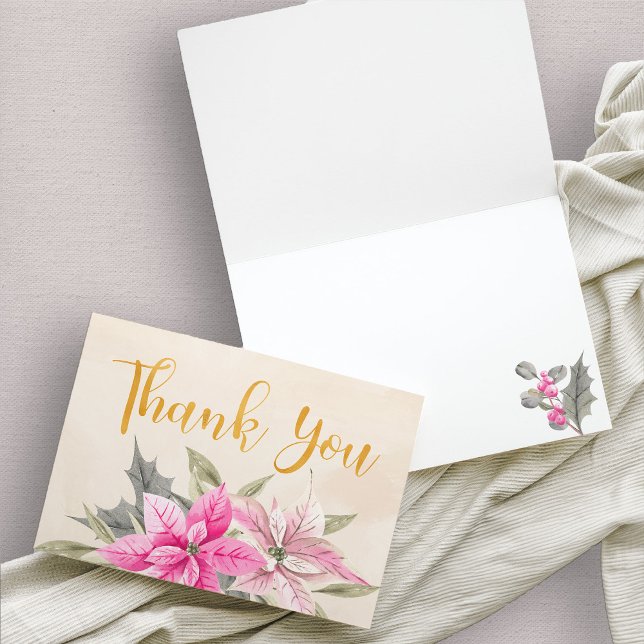 Carte De Remerciements Calligraphie d'or rose poinsettia (Pink and gold poinsettia thank you card)