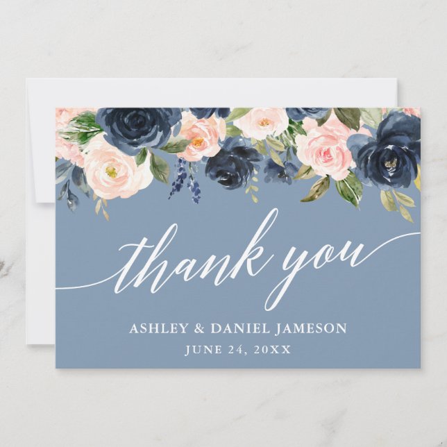 Carte De Remerciements Calligraphie Dusty bleu rose Mariage floral (Devant)