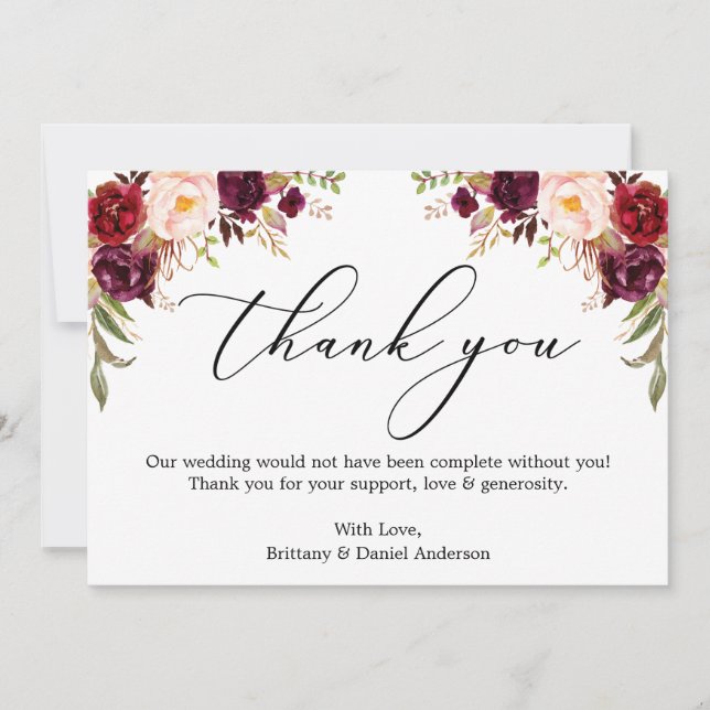 Carte De Remerciements Calligraphie élégante aquarelle floral bordeaux (Devant)