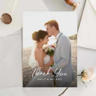 Carte De Remerciements Calligraphie Élégante Photo Mariage Bleu Poussière