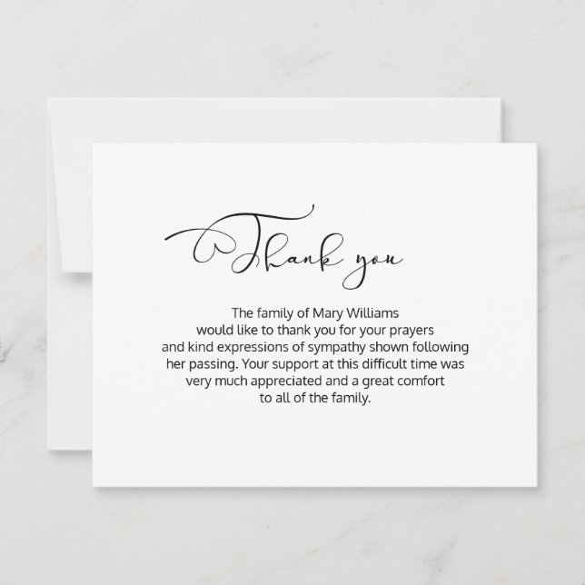 Carte De Remerciements Calligraphie Funeral Thank You Note Card (Devant)