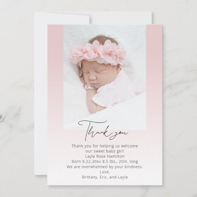 Carte De Remerciements Calligraphie manuscrite rose Baby shower photo (Devant)