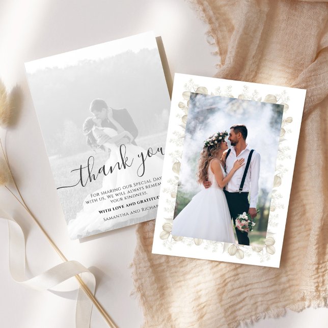 Carte De Remerciements Calligraphie mariage de verdure Script 2 Photo (Elegant wedding thank you card with a 2 photo template)