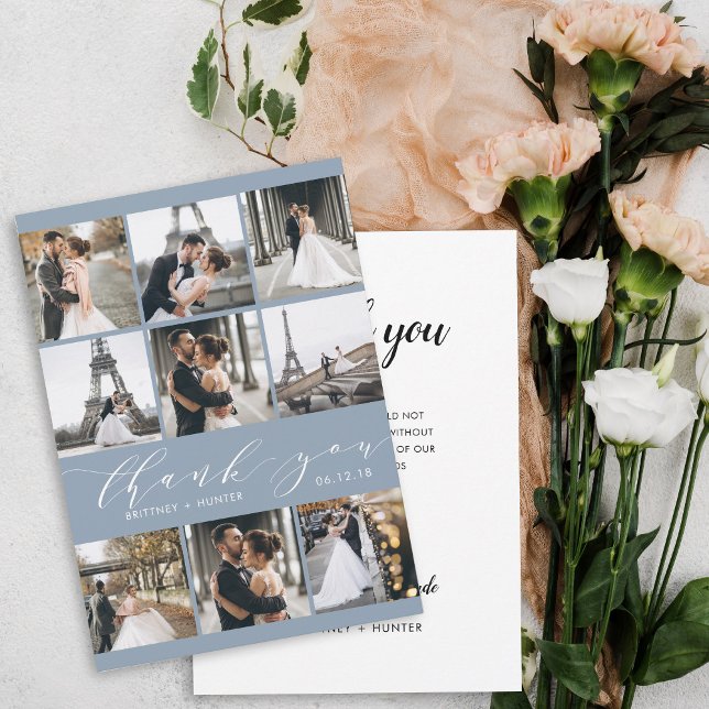 Carte De Remerciements Calligraphie moderne 9 Collage photo Dusty Blue (Créateur téléchargé)