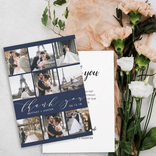 Carte De Remerciements Calligraphie moderne 9 Photo Collage Navy Blue (Créateur téléchargé)
