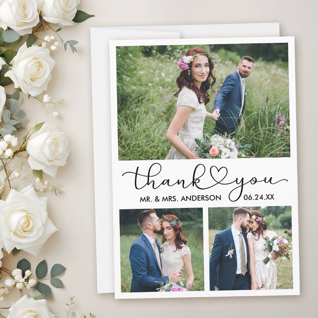 Carte De Remerciements Calligraphie moderne Coeur Script Mariage 3 Photos (Customize to add text to back of card.)