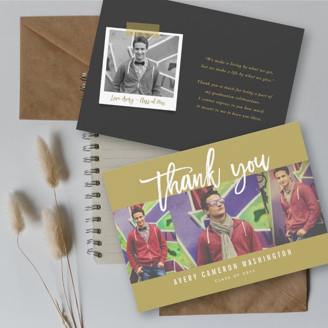 Carte De Remerciements Calligraphie moderne de brosse Script 3 Photo Dipl (Brushed Script Calligraphy 3 Photo Modern Graduation Thank You Card @ zazzle.com/color_therapy)