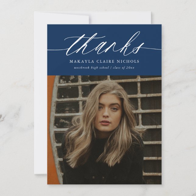 Carte De Remerciements Calligraphie moderne Deux photo Blue Graduation (Devant)