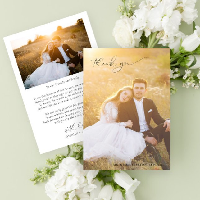 Carte De Remerciements Calligraphie moderne Full Bleed Photo Mariage (Easily personalize this 2 photo wedding thank you card with your images and personal message)