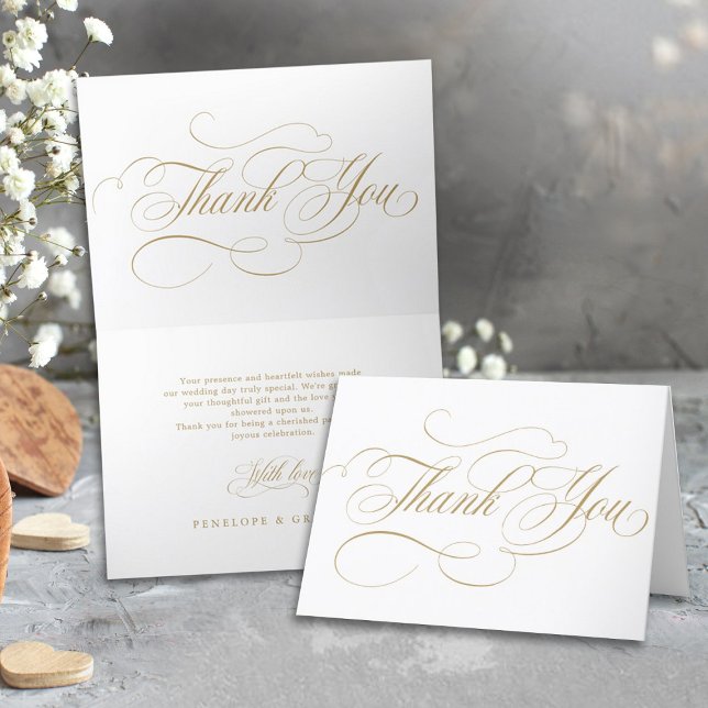 Carte De Remerciements Calligraphie moderne or intemporel et mariage blan (Calligraphy gold simple wedding thank you card)