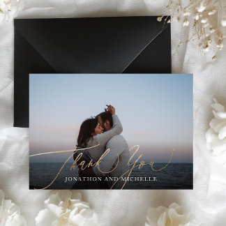 Carte De Remerciements Calligraphie or moderne simple Mariage photo