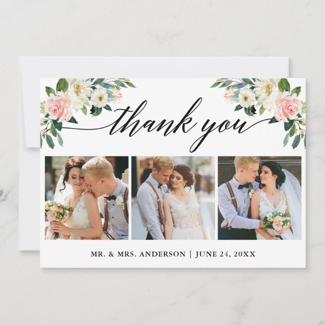 Carte De Remerciements Calligraphie Rose Blanc Floral Mariage 3 Photo (Devant)