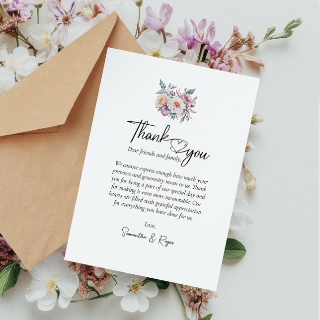 Carte De Remerciements Calligraphie simple Aquarelle Fleurs Mariage (Cherish memories with our elegant wedding thank you card, a heartfelt gesture of gratitude.)