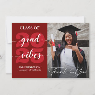 Carte De Remerciements Calligraphie tendance Dark Red Photo Graduation